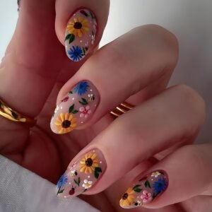 24Pcs Flower Press On Nails Medium Almond Fake Nails Spring Nails Press Ons With Floral Daisy Designs Artificial Acrylic False Nails Full Cover Glue On Nails Medium Stick On Nails For Women
