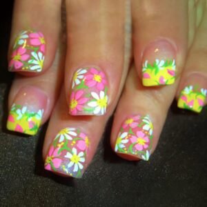 Spring Summer Press on Nails Yellow French Fake Nails Short Square Acrylic Nails Pink and White Flower False Nails with Green Leaf Designs Reusable Glue on Nails Stick on Nails for Women Girls 24Pcs