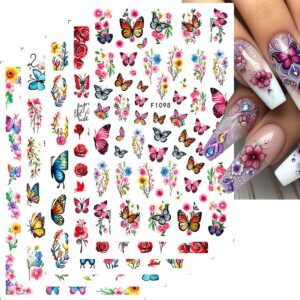5 Sheets Colorful Butterfly Flowers Nail Art Stickers Decals 3D Self-Adhesive Spring Freshness Butterfly Rose Nail Decals Floral Pattern Nail Supplies for Women Nails Art DIY Decoration