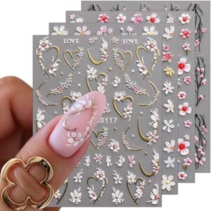 JMEOWIO 3D Embossed Flower Nail Art Stickers Decals Self-Adhesive 5D Spring Summer Floral Nail Supplies Nail Art Design Decoration Accessories 4 Sheets