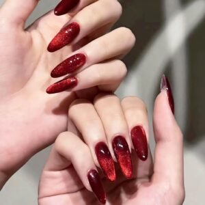 Red Press on Nails Long Almond Press Ons Dark Red Fake Nails Stiletto False Nails with Cat Eye Designs Full Cover Nails Spring Nails for Teens and Girls 24PCS