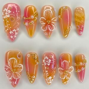 24Pcs Flower Press on Nails Medium Almond Fake Nails 3D Floral with Gold Pearl Rhinestones Glitter Glossy Design Orange Full Cover Stick on Nails Spring Summer False Nails for Women Acrylic Nails