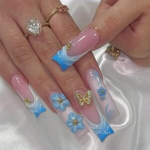 24Pcs Blue Flower Press on Nails Long Square French Tip Fake Nails with Gold Butterfly Rhinestones Handmade Glue on Nails Spring Summer False Nail French Floral Acrylic Nail for Women Manicure